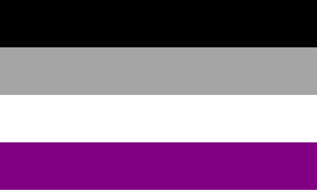 Bandera asexual compuestas de franjas horizontales de arriba hacia abajo negra, gris, blanco y violeta