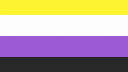 Género Bandera no binaria compuesta de franjas horizontales, de arriba hacia abajo, amarillo, blanco, violeta claro, gris muy oscuro