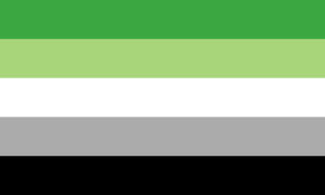 Bandera arromantica compuesta de franjas horizontales, de arriba hacia abajo, verde brillante, verde claro (pero con más blanco en vez de amarillo), blanco, gris claro y negro