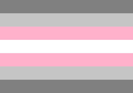 Bandera demimujer compuesta de franjas gris oscuro (medio), gris (muy) claro, rosa clarito, blanco, rosa clarito, gris (muy) claro y gris (medio) oscuro