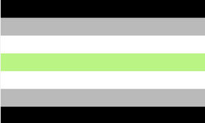 Bandera agénero compuesta de franjas horizontales, de arriba hacia abajo, negro, gris clarito, blanco, verde muy claro, blanco, gris claro y negro