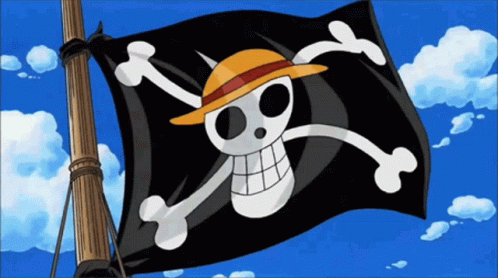 Religión (ahre) GIF de la bandera de los sombrero de paja (de ONE PIECE) la bandera es negra y la insignia es una clavera redondeada y sonriente con un sobrero de paja naranja claro con cinta roja, redondo también y un par de huesos atrás posicionados en forma de cruz